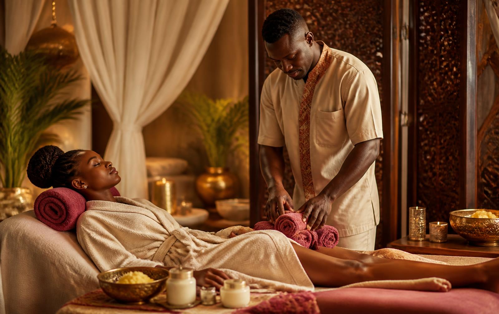 Candlelit spa treatment room with orchids and warm gold lighting